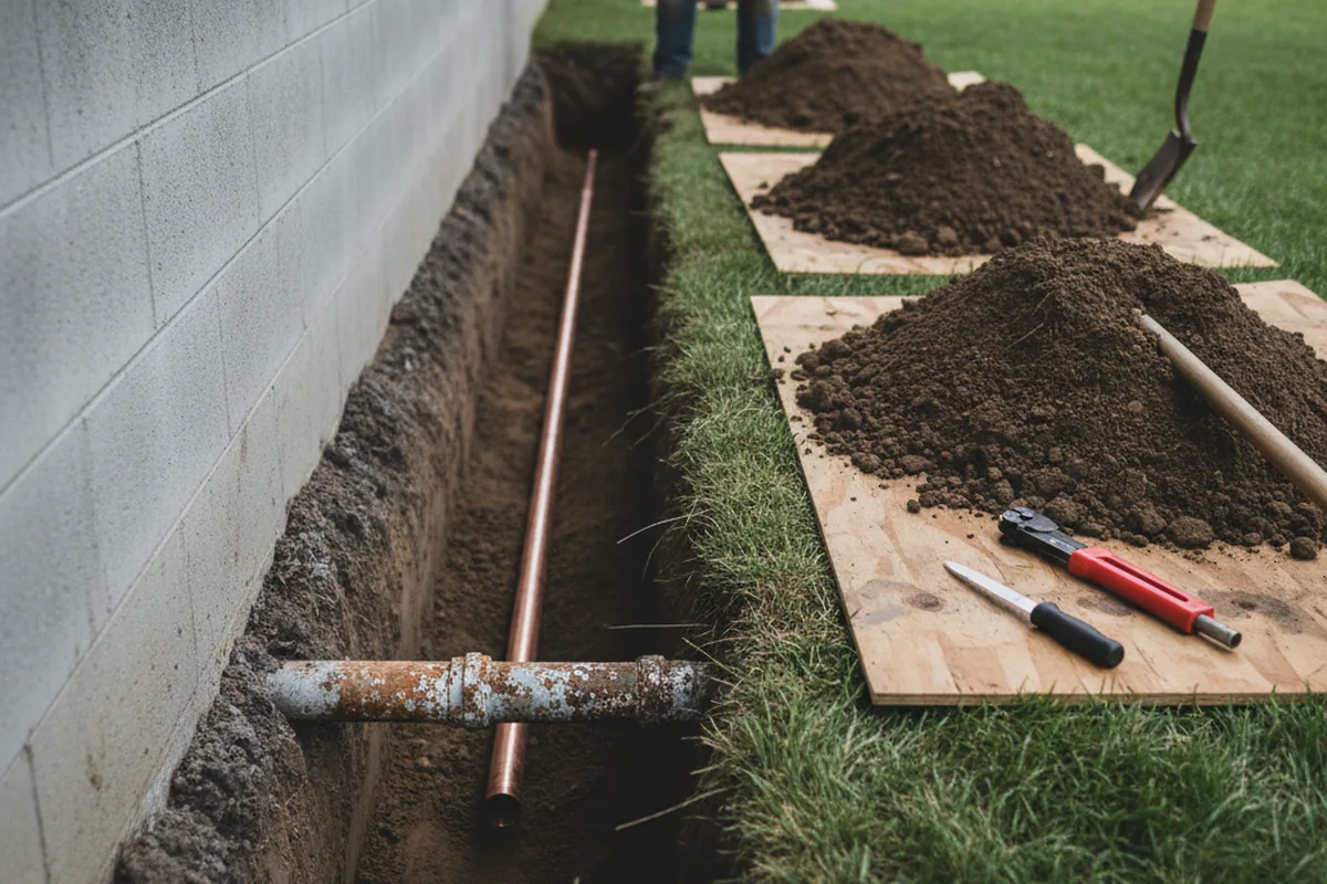 Excavated water line trench during Sewer Line Repair in Maryville